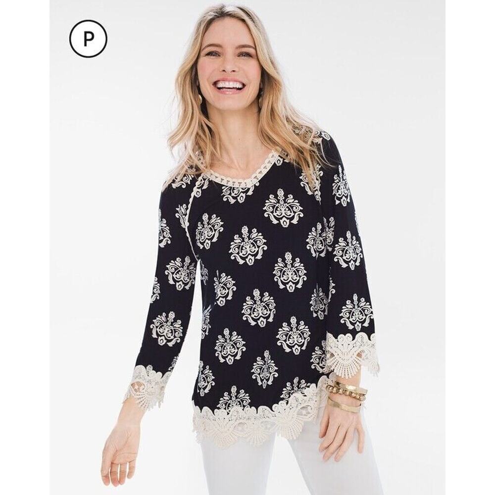 Chico's Women's Medallion Print 3/4 Sleeve Knit Lace Trim Top Sz 0/S/4 Black - Picture 1 of 9